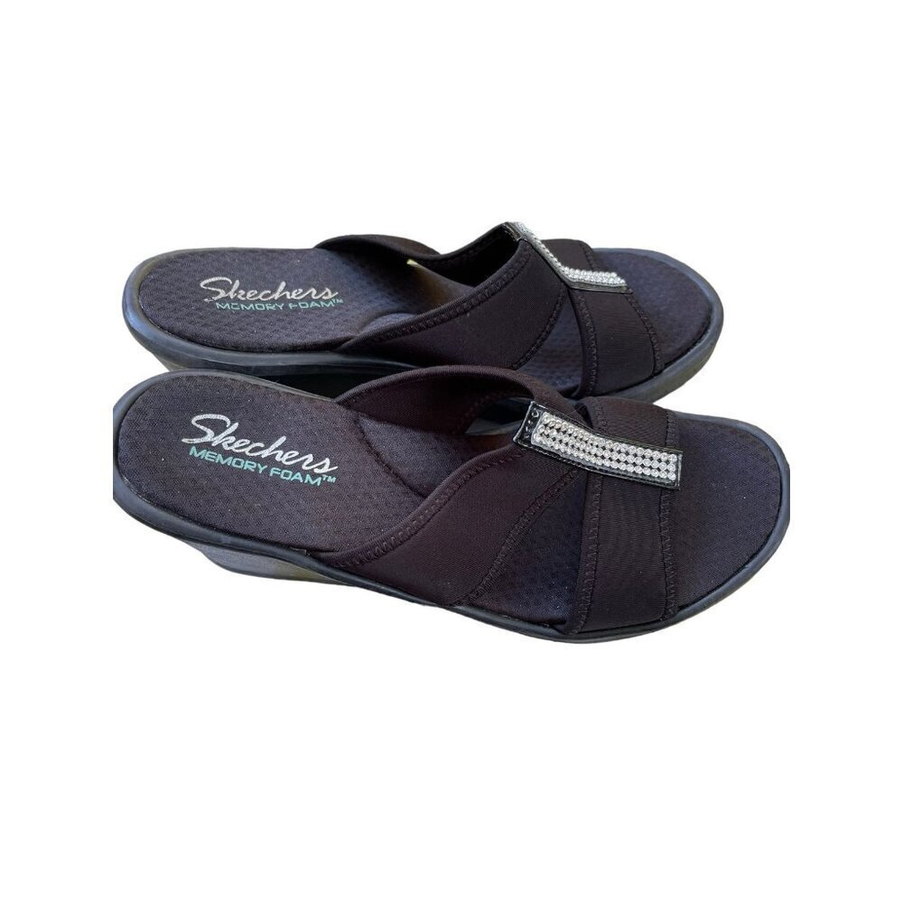 Skechers Sandals Womens Slip On Wedge Heel Strap bling Memory Foam Size 9